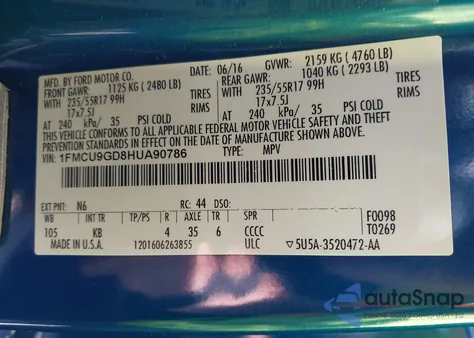 2017 Ford Escape Se из США, поврежденный, VIN 1FMCU9GD8HUA90786